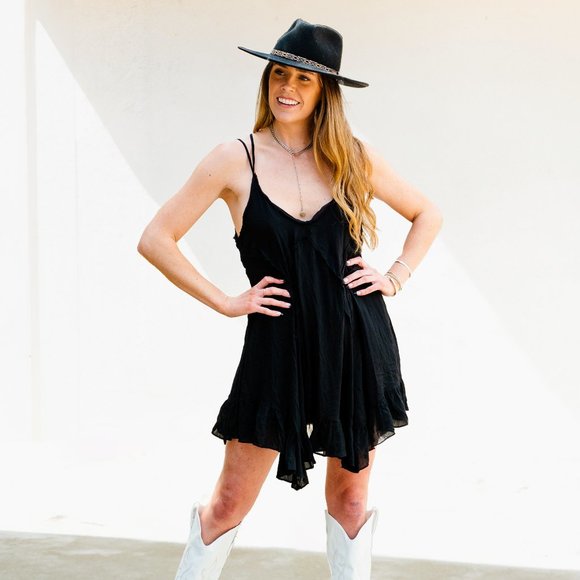 Black Flowy Layered Mini Dress Asymmetrical Hem Double Cross Back Straps Small - Picture 2 of 12